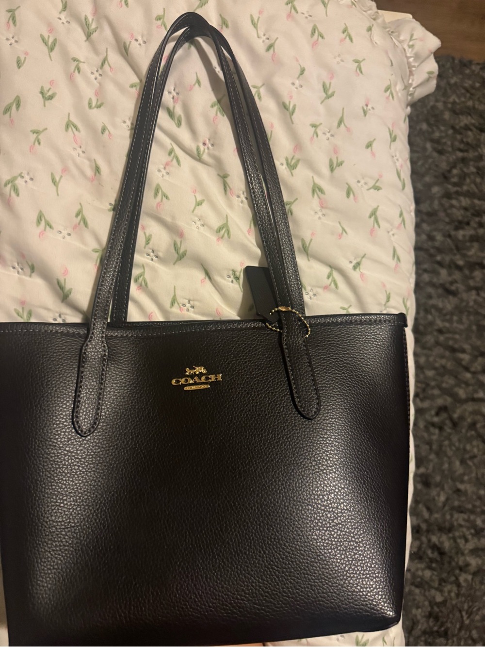 Coach Black Pebbled Leather Shoulder Tote with Gold Logo